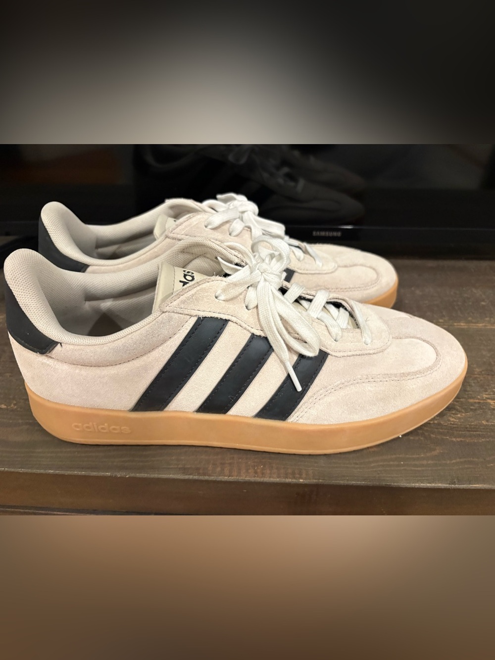 adidas Men’s Cream Suede Sneakers with Black Stripes and Gum Sole